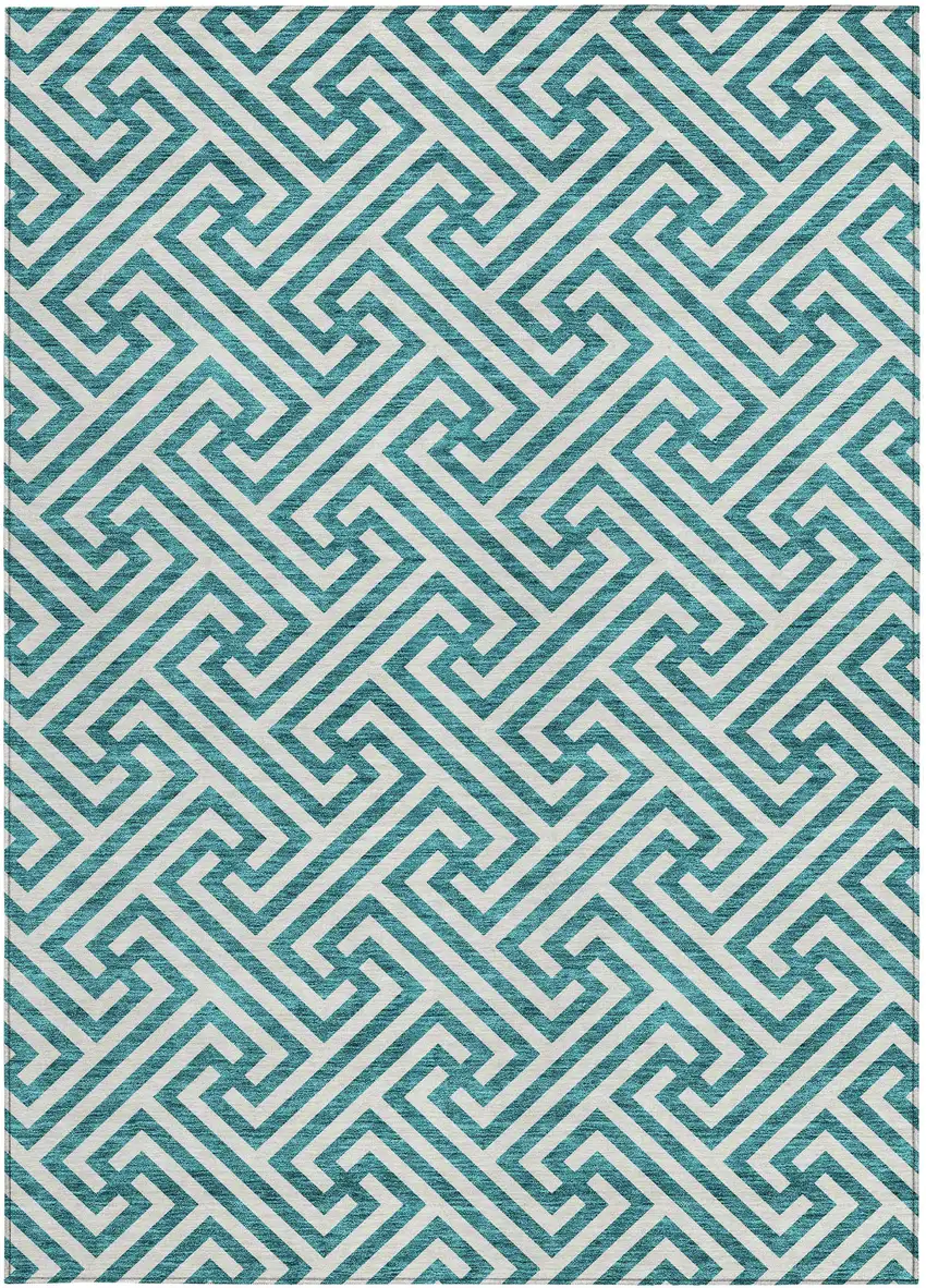 Teal Blue And Ivory Geometric Washable Indoor Outdoor Area Rug Photo 6