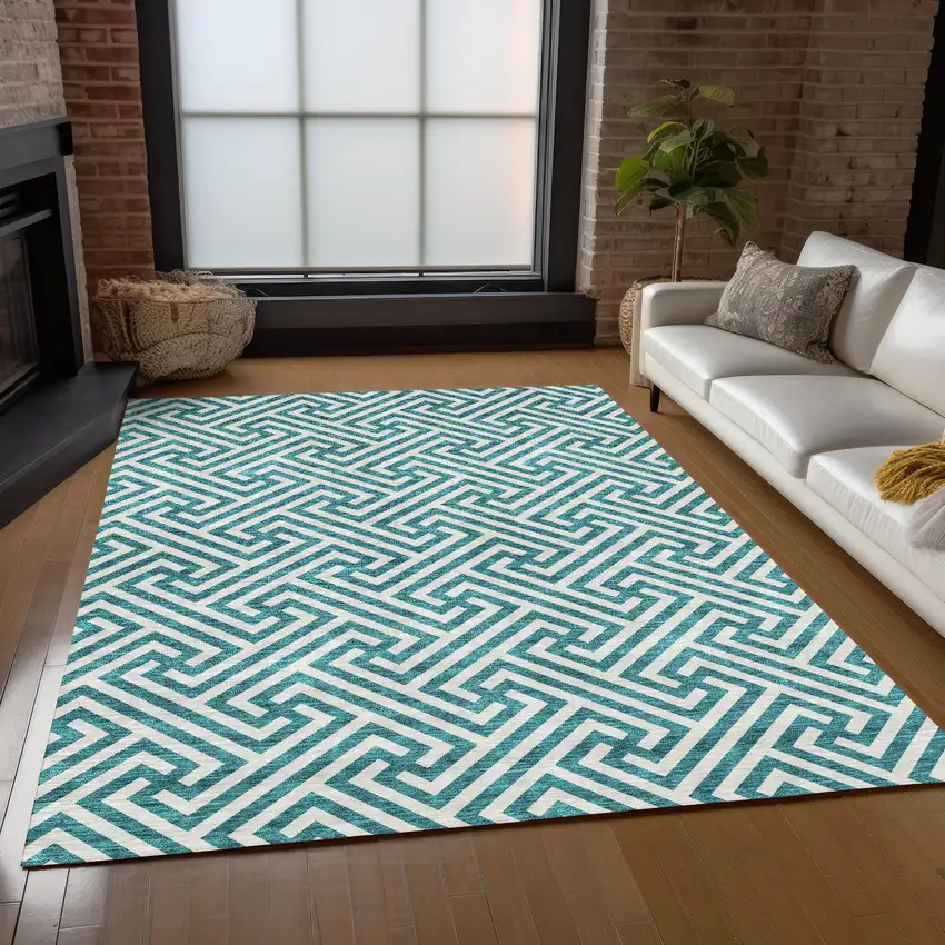 Teal Blue And Ivory Geometric Washable Indoor Outdoor Area Rug Photo 9