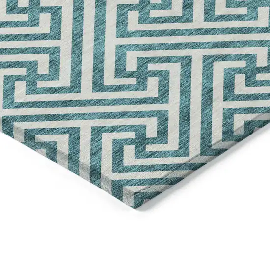 Teal Blue And Ivory Geometric Washable Indoor Outdoor Area Rug Photo 3