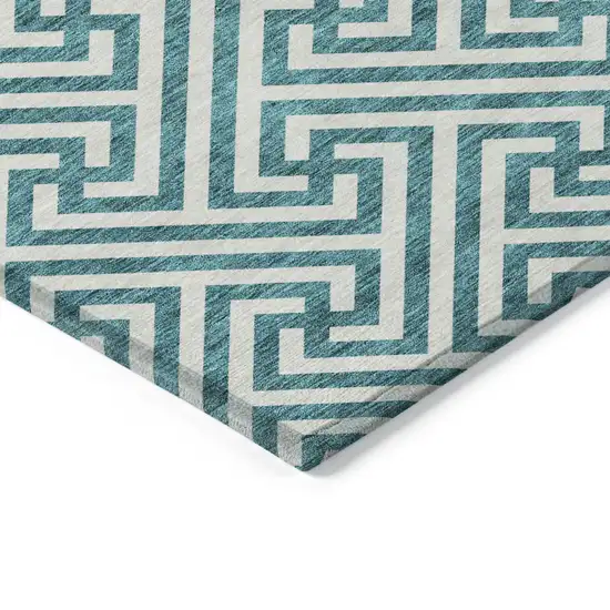 Teal Blue And Ivory Geometric Washable Indoor Outdoor Area Rug Photo 3