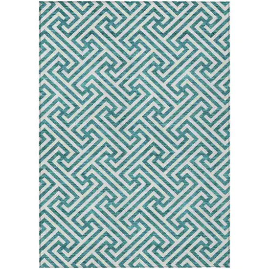Teal Blue And Ivory Geometric Washable Indoor Outdoor Area Rug Photo 1
