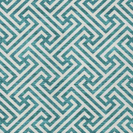 Teal Blue And Ivory Geometric Washable Indoor Outdoor Area Rug Photo 4