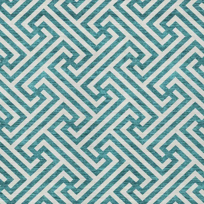 Teal Blue And Ivory Geometric Washable Indoor Outdoor Area Rug Photo 4