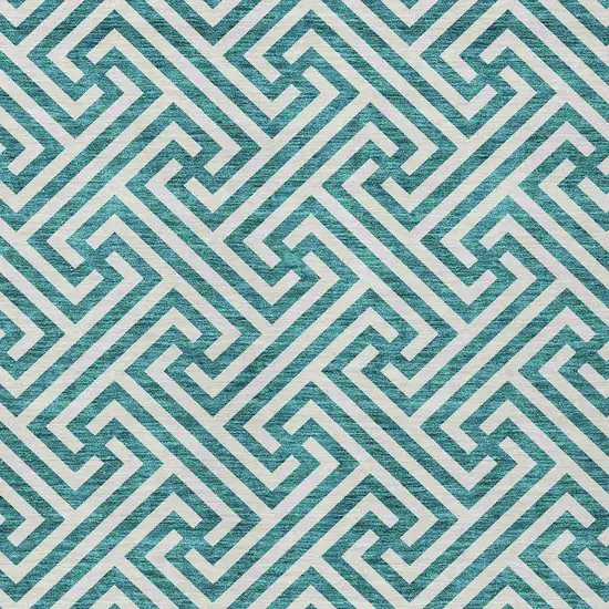 Teal Blue And Ivory Geometric Washable Indoor Outdoor Area Rug Photo 5