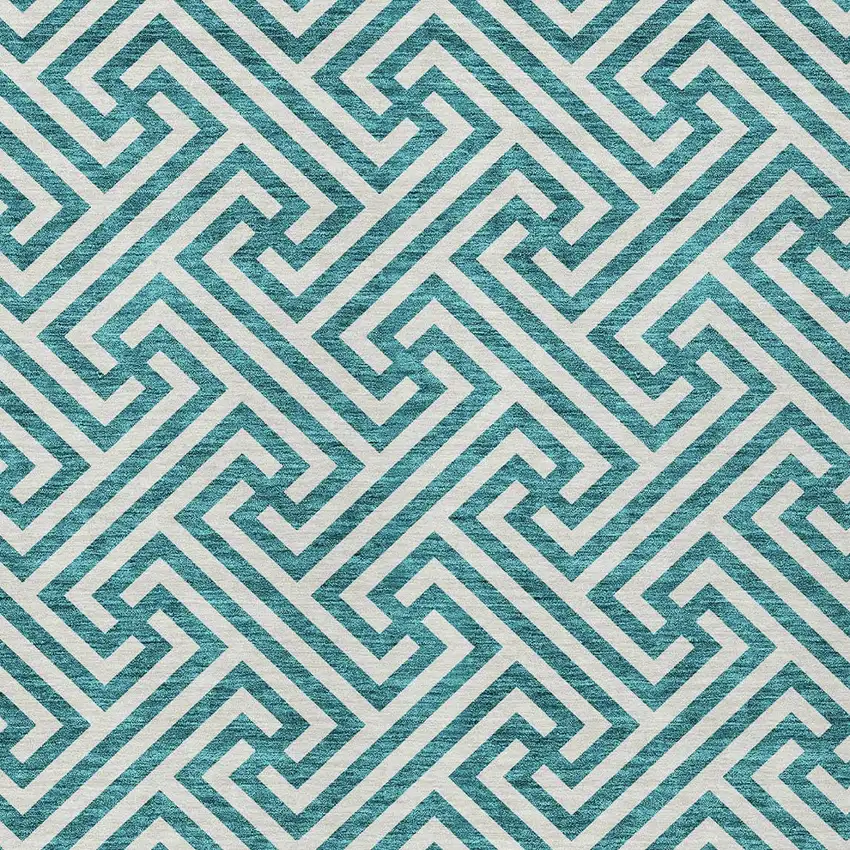 Teal Blue And Ivory Geometric Washable Indoor Outdoor Area Rug Photo 5