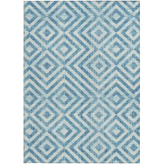 Teal Blue And Ivory Geometric Washable Indoor Outdoor Area Rug Photo 6