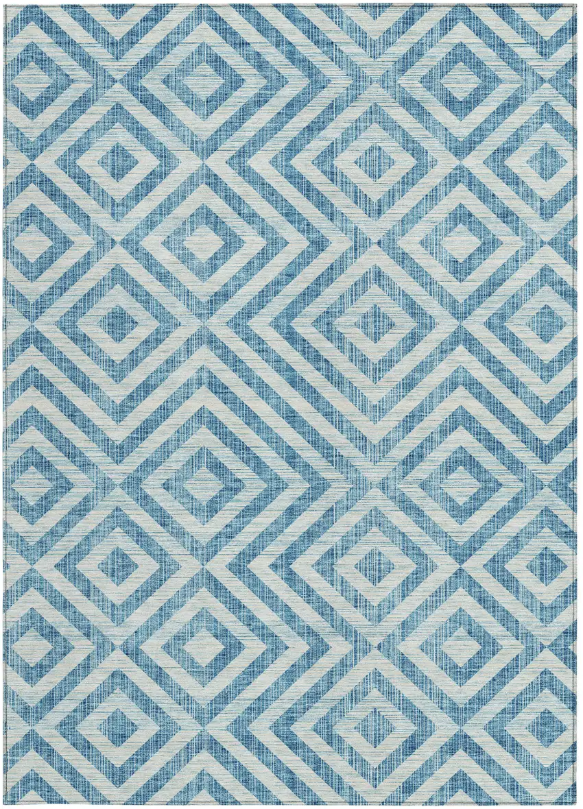 Teal Blue And Ivory Geometric Washable Indoor Outdoor Area Rug Photo 6
