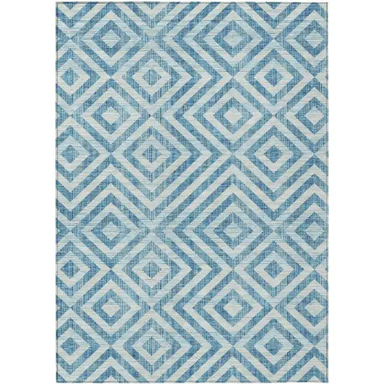 Teal Blue And Ivory Geometric Washable Indoor Outdoor Area Rug Photo 1
