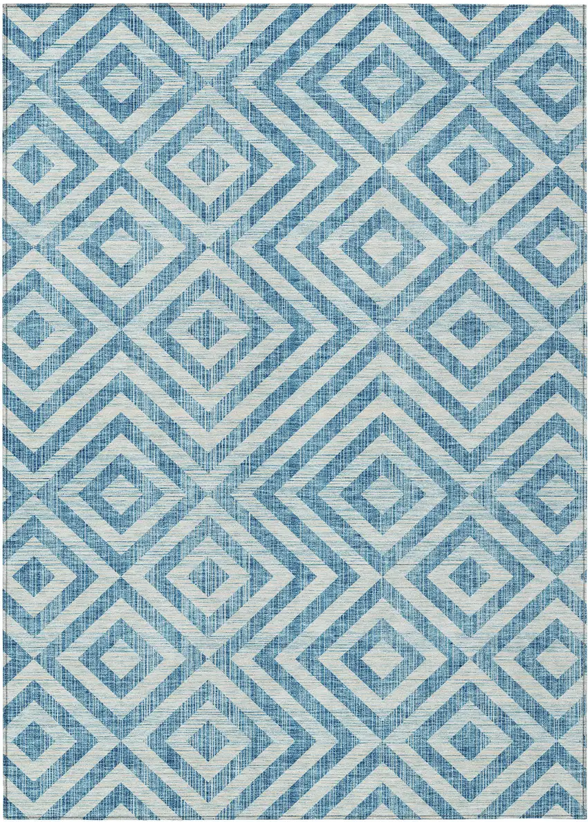 Teal Blue And Ivory Geometric Washable Indoor Outdoor Area Rug Photo 1