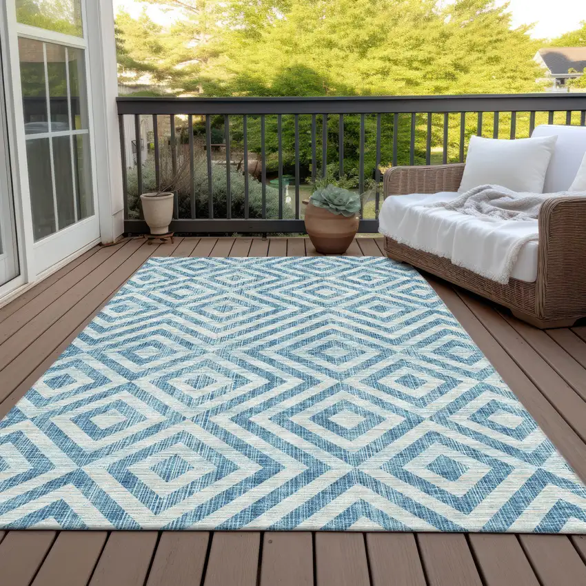 Teal Blue And Ivory Geometric Washable Indoor Outdoor Area Rug Photo 8