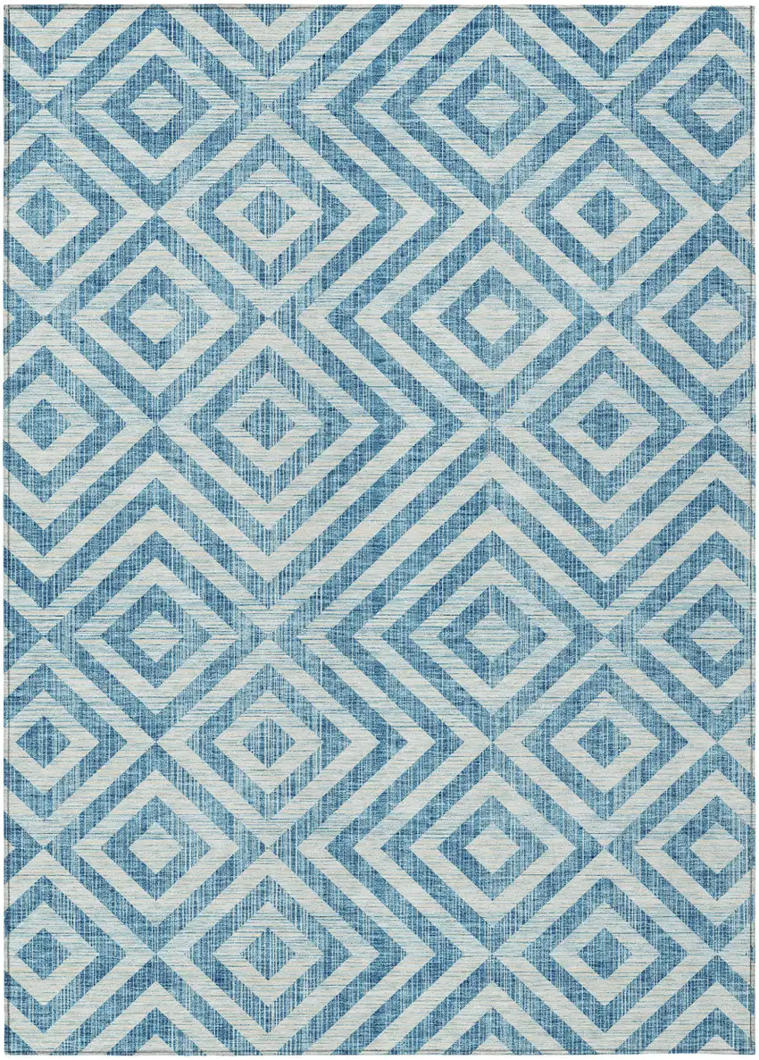 Teal Blue And Ivory Geometric Washable Indoor Outdoor Area Rug Photo 1