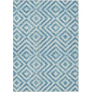 Photo of Teal Blue And Ivory Geometric Washable Indoor Outdoor Area Rug