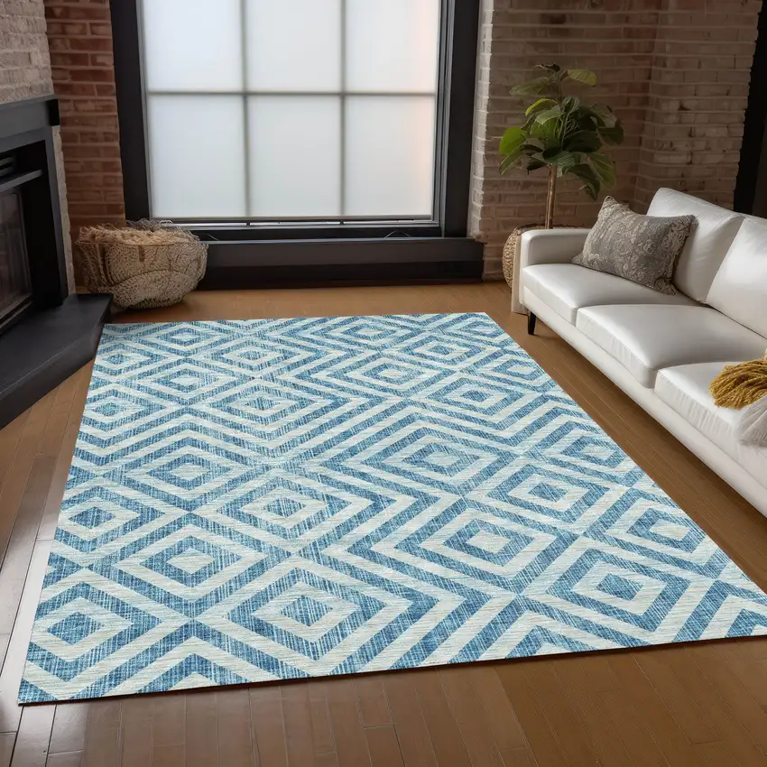 Teal Blue And Ivory Geometric Washable Indoor Outdoor Area Rug Photo 8