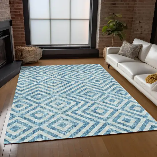 Teal Blue And Ivory Geometric Washable Indoor Outdoor Area Rug Photo 9