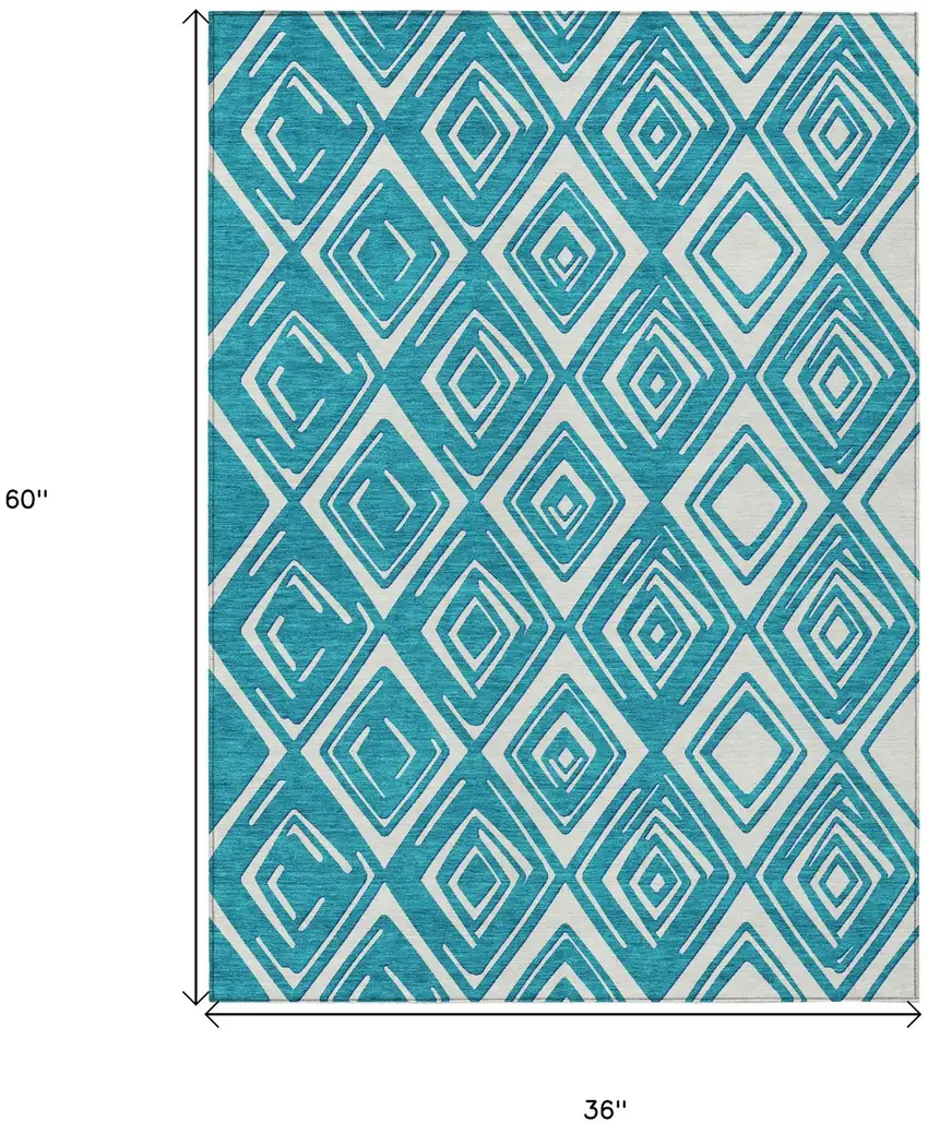 Teal Blue And Ivory Geometric Washable Indoor Outdoor Area Rug Photo 3
