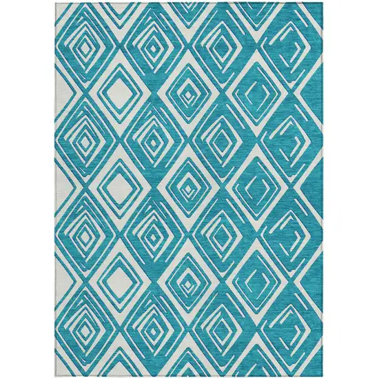 Teal Blue And Ivory Geometric Washable Indoor Outdoor Area Rug Photo 8
