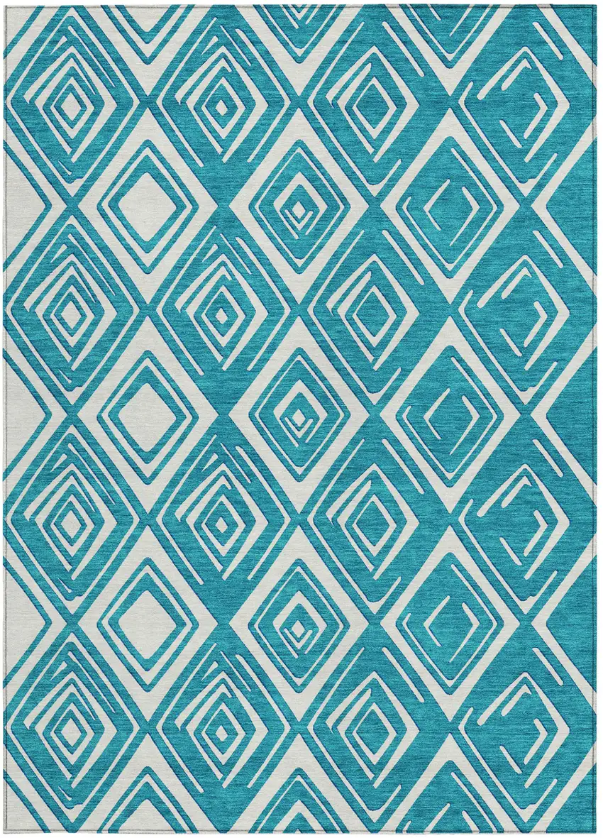 Teal Blue And Ivory Geometric Washable Indoor Outdoor Area Rug Photo 8
