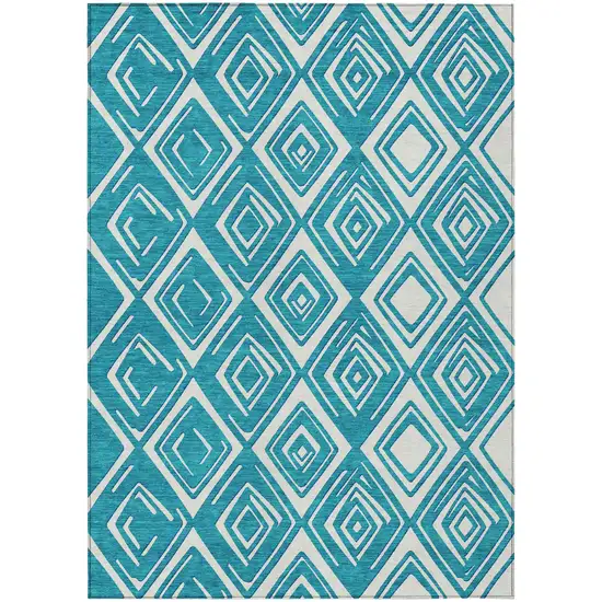 Teal Blue And Ivory Geometric Washable Indoor Outdoor Area Rug Photo 2