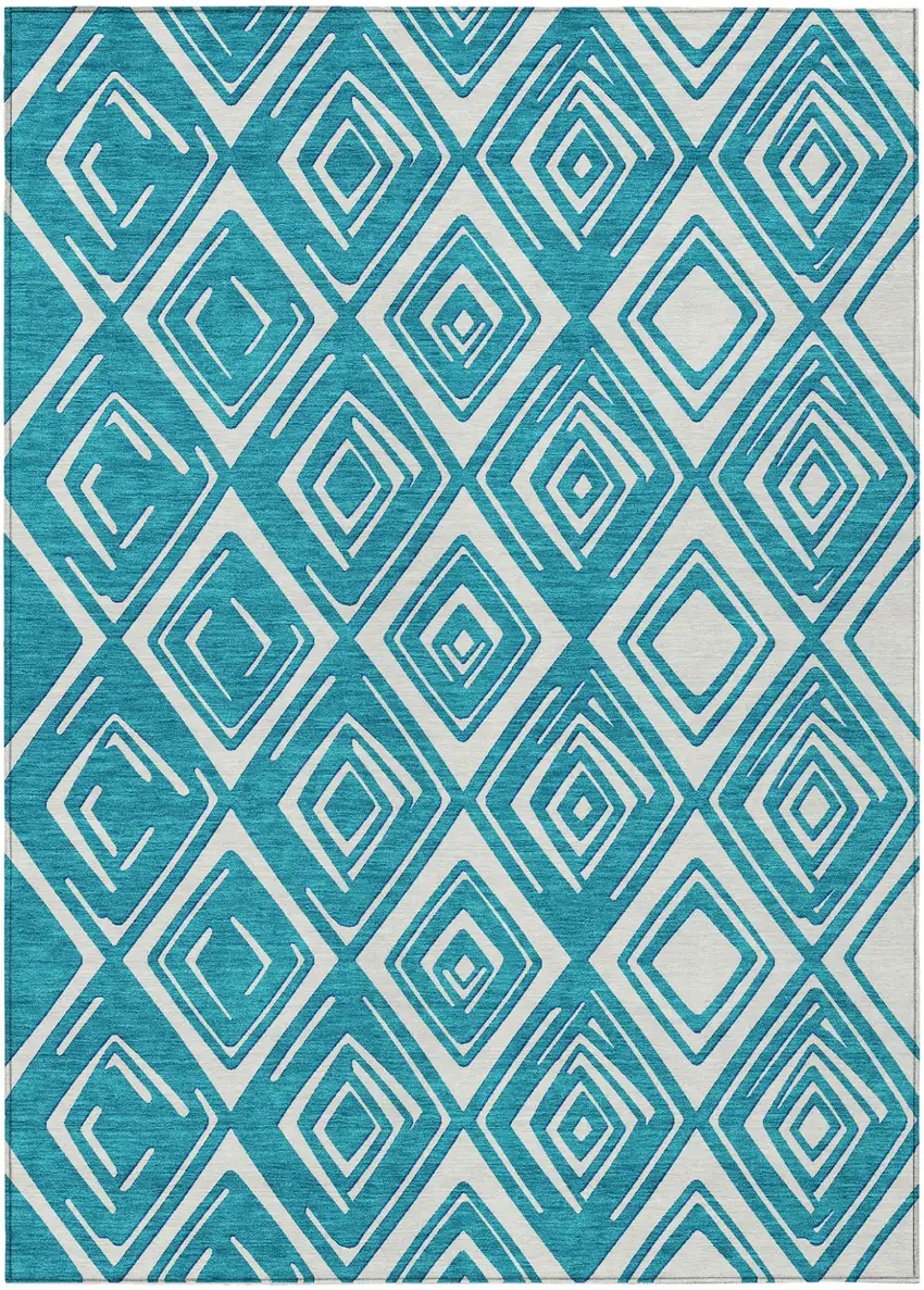 Teal Blue And Ivory Geometric Washable Indoor Outdoor Area Rug Photo 2