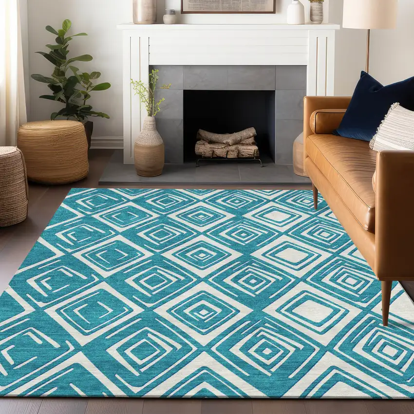 Teal Blue And Ivory Geometric Washable Indoor Outdoor Area Rug Photo 9