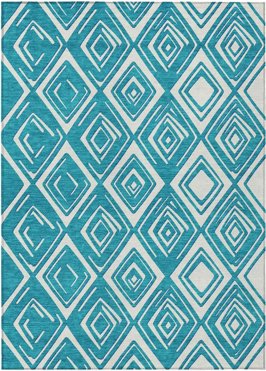 Teal Blue And Ivory Geometric Washable Indoor Outdoor Area Rug Photo 2