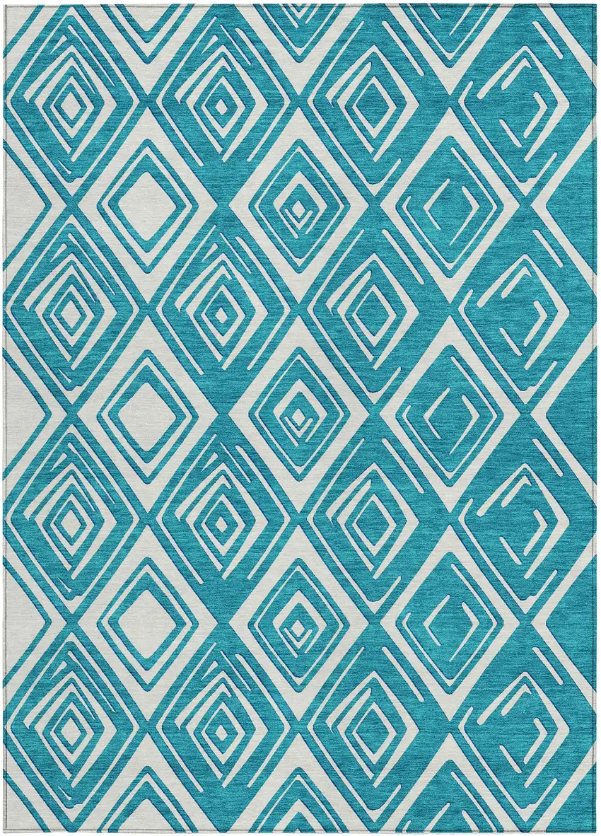 Teal Blue And Ivory Geometric Washable Indoor Outdoor Area Rug Photo 8