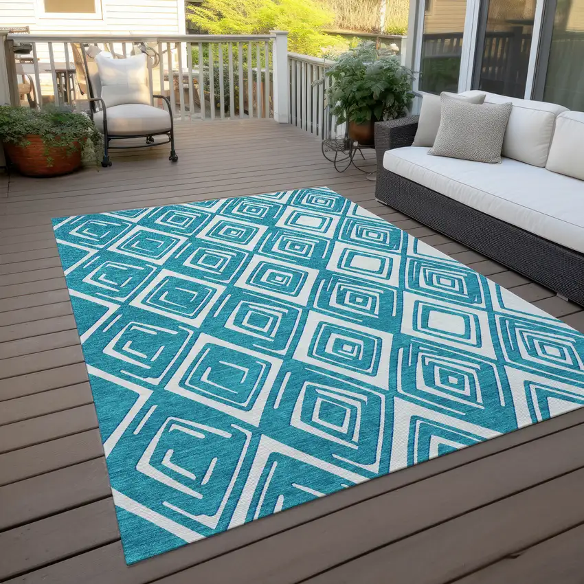 Teal Blue And Ivory Geometric Washable Indoor Outdoor Area Rug Photo 9