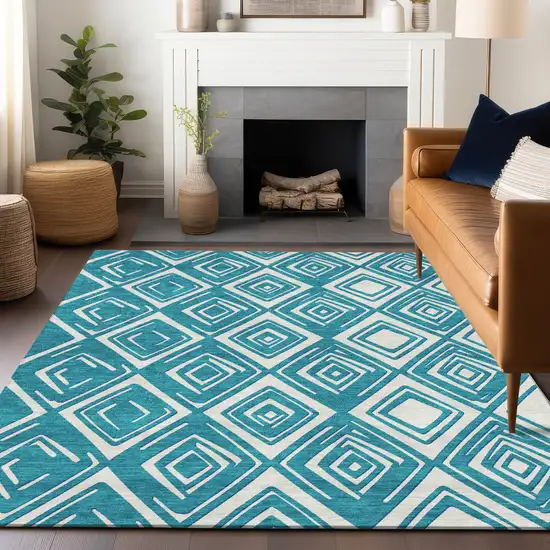 Teal Blue And Ivory Geometric Washable Indoor Outdoor Area Rug Photo 9