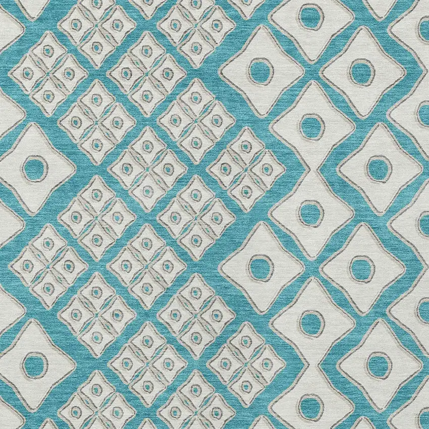 Teal Blue And Ivory Geometric Washable Indoor Outdoor Area Rug Photo 6
