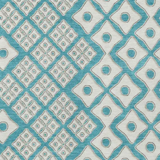 Teal Blue And Ivory Geometric Washable Indoor Outdoor Area Rug Photo 6