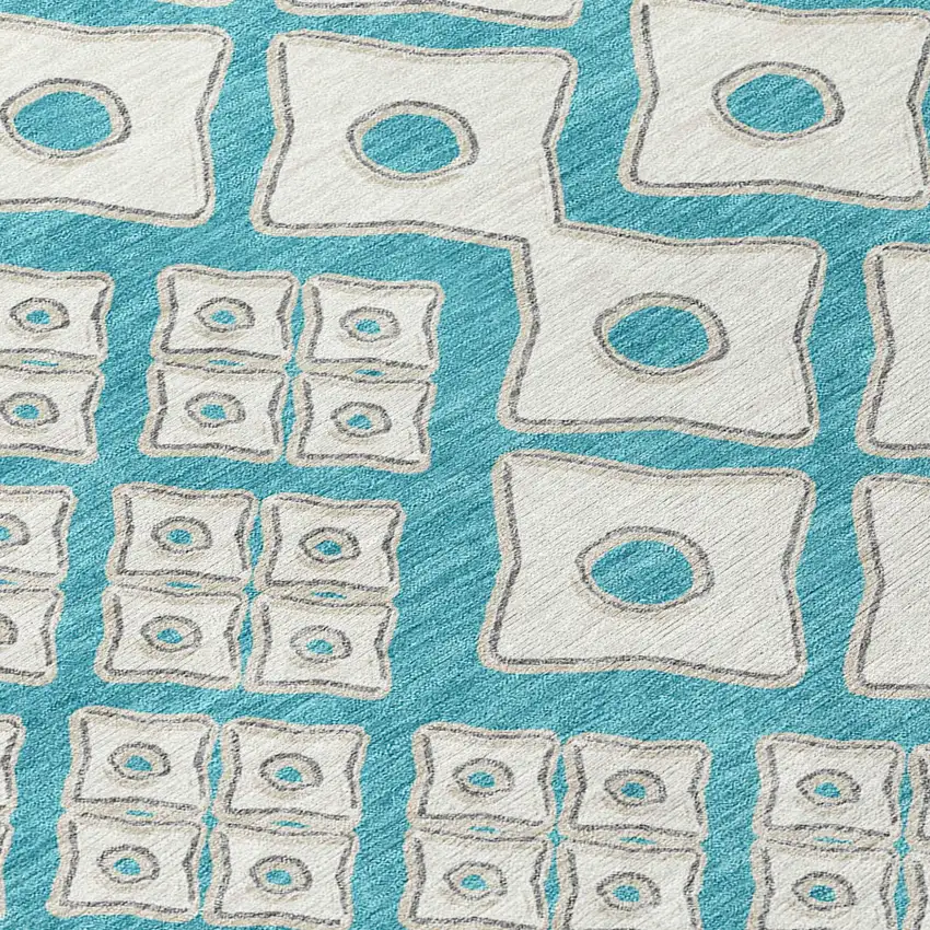 Teal Blue And Ivory Geometric Washable Indoor Outdoor Area Rug Photo 6