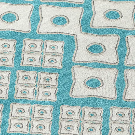 Teal Blue And Ivory Geometric Washable Indoor Outdoor Area Rug Photo 6