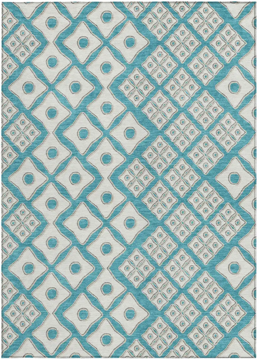 Teal Blue And Ivory Geometric Washable Indoor Outdoor Area Rug Photo 8