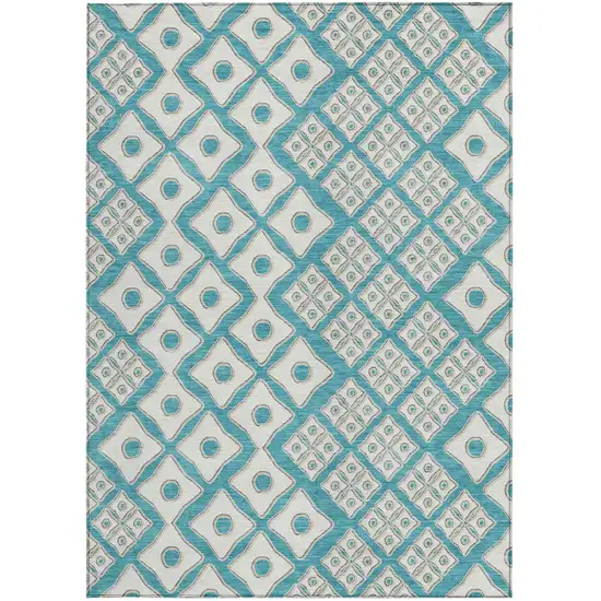 Teal Blue And Ivory Geometric Washable Indoor Outdoor Area Rug Photo 8