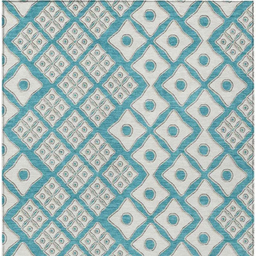 Teal Blue And Ivory Geometric Washable Indoor Outdoor Area Rug Photo 7
