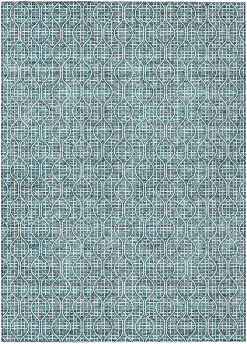 Teal Blue And Ivory Geometric Washable Indoor Outdoor Area Rug Photo 2