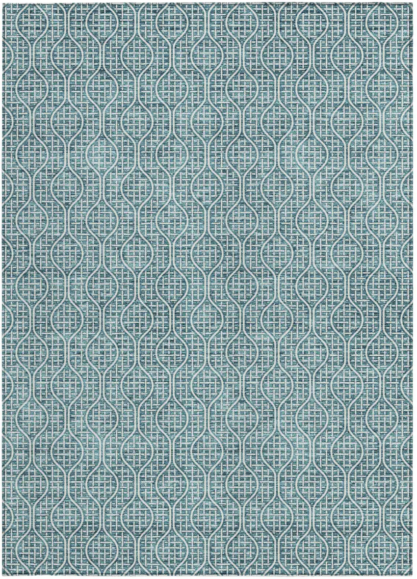 Teal Blue And Ivory Geometric Washable Indoor Outdoor Area Rug Photo 7