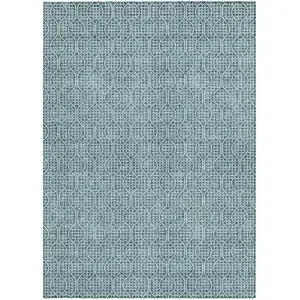 Photo of Teal Blue And Ivory Geometric Washable Indoor Outdoor Area Rug