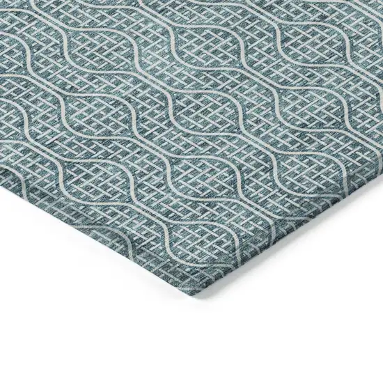 Teal Blue And Ivory Geometric Washable Indoor Outdoor Area Rug Photo 4