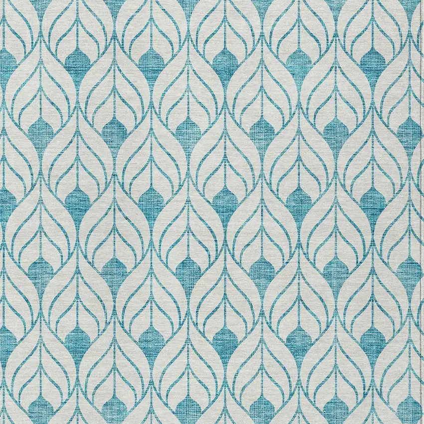 Teal Blue And Ivory Geometric Washable Indoor Outdoor Area Rug Photo 5