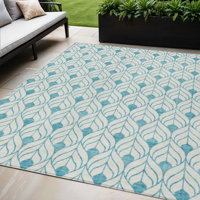 Teal Blue And Ivory Geometric Washable Indoor Outdoor Area Rug Photo 1
