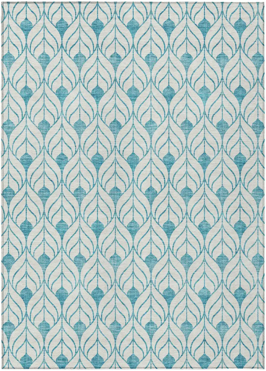 Teal Blue And Ivory Geometric Washable Indoor Outdoor Area Rug Photo 2