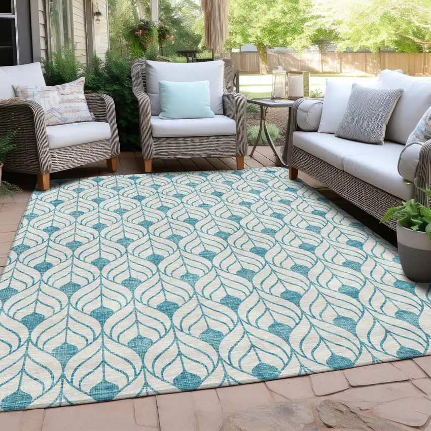 Teal Blue And Ivory Geometric Washable Indoor Outdoor Area Rug Photo 7