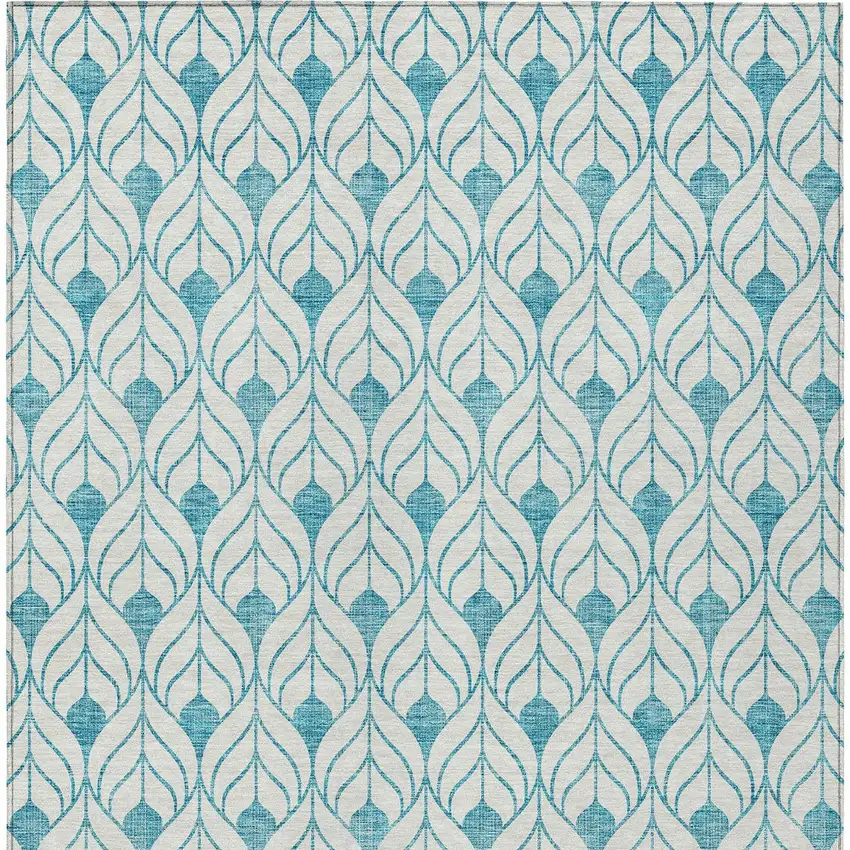 Teal Blue And Ivory Geometric Washable Indoor Outdoor Area Rug Photo 6