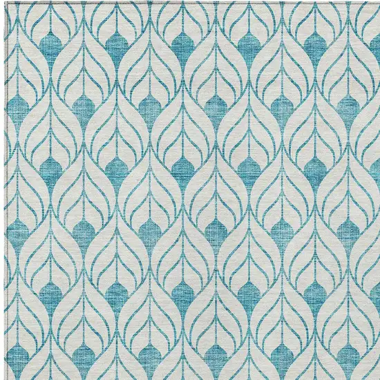 Teal Blue And Ivory Geometric Washable Indoor Outdoor Area Rug Photo 5