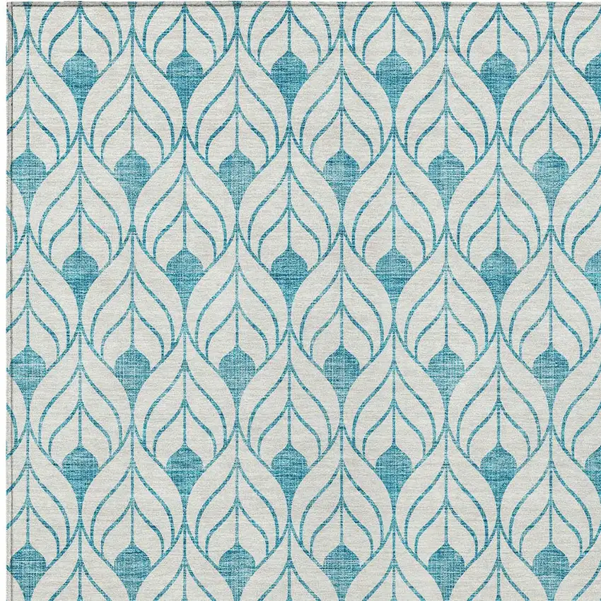 Teal Blue And Ivory Geometric Washable Indoor Outdoor Area Rug Photo 5