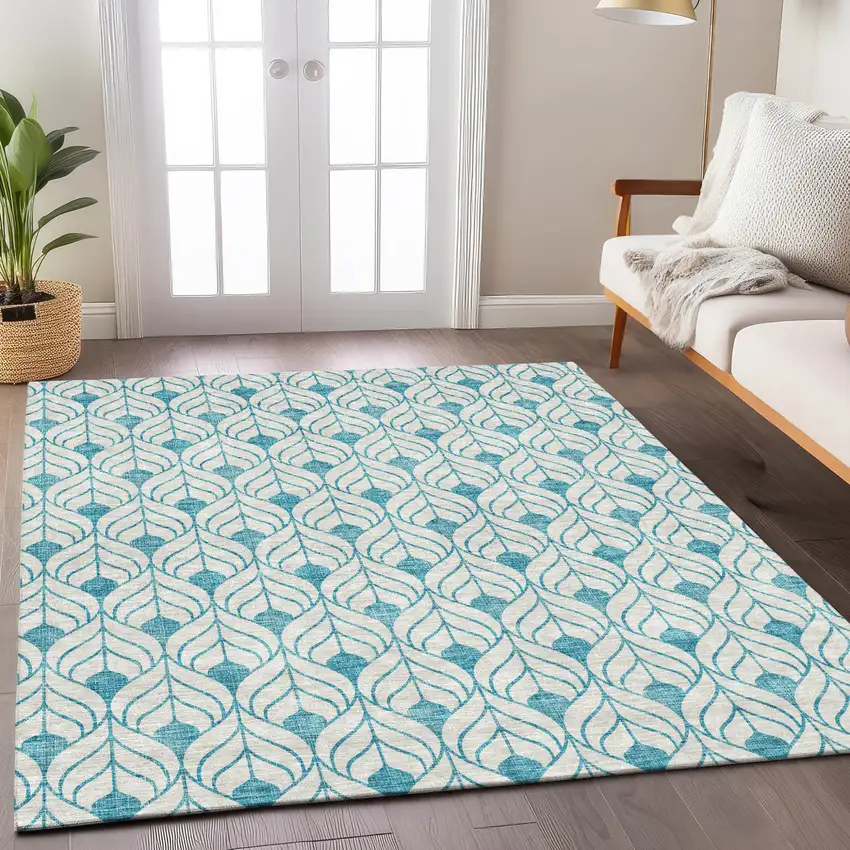 Teal Blue And Ivory Geometric Washable Indoor Outdoor Area Rug Photo 8