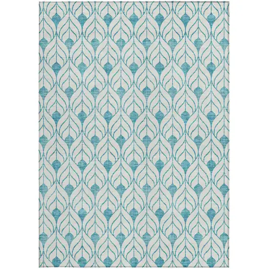 Teal Blue And Ivory Geometric Washable Indoor Outdoor Area Rug Photo 6