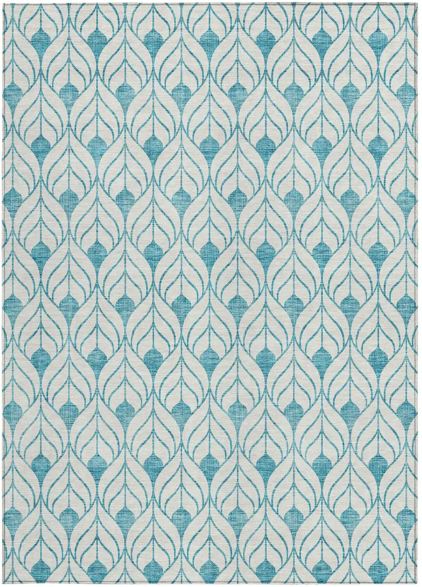Teal Blue And Ivory Geometric Washable Indoor Outdoor Area Rug Photo 6
