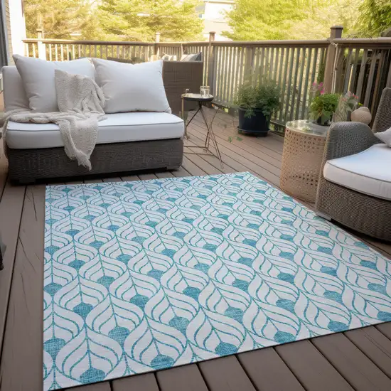 Teal Blue And Ivory Geometric Washable Indoor Outdoor Area Rug Photo 9